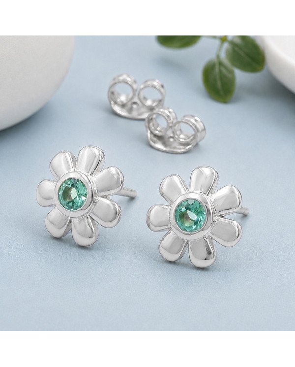 Emerald Stud Earrings in 925 Sterling Silver | Handmade Flower Design