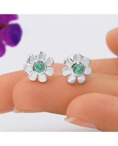Emerald Stud Earrings in 925 Sterling Silver | Handmade Flower Design