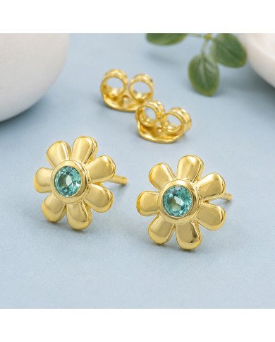 18K Gold Plated Floral Emerald Stud Earrings 925 Sterling Silver