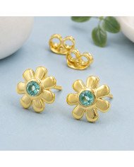 18K Gold Plated Floral Emerald Stud Earrings 925 Sterling Silver
