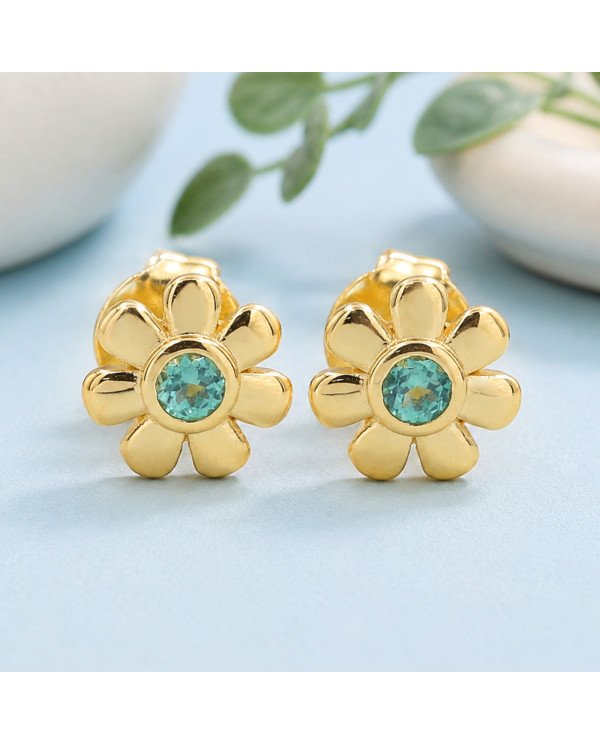 18K Gold Plated Floral Emerald Stud Earrings 925 Sterling Silver