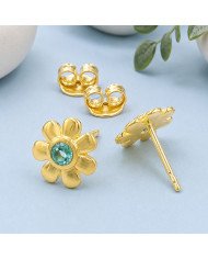 18K Gold Plated Floral Emerald Stud Earrings 925 Sterling Silver