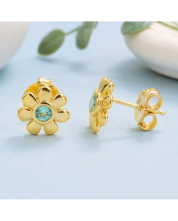 18K Gold Plated Floral Emerald Stud Earrings 925 Sterling Silver