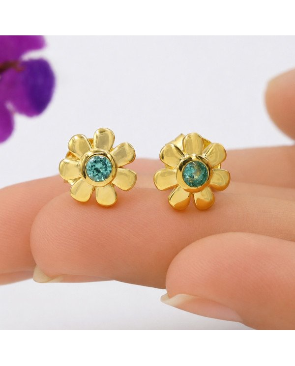 18K Gold Plated Floral Emerald Stud Earrings 925 Sterling Silver
