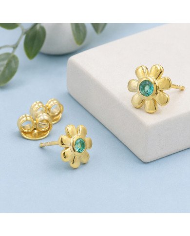 18K Gold Plated Floral Emerald Stud Earrings 925 Sterling Silver