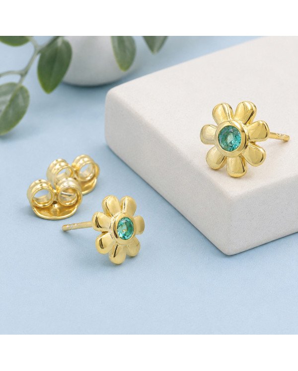 18K Gold Plated Floral Emerald Stud Earrings 925 Sterling Silver