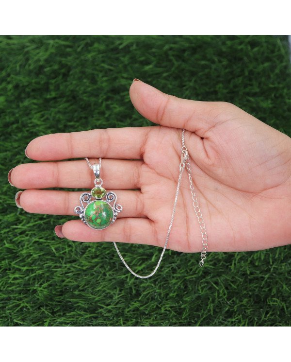 Natural Green Copper Turquoise Peridot Gemstone Sterling Silver Pendant | Jewels Artisan