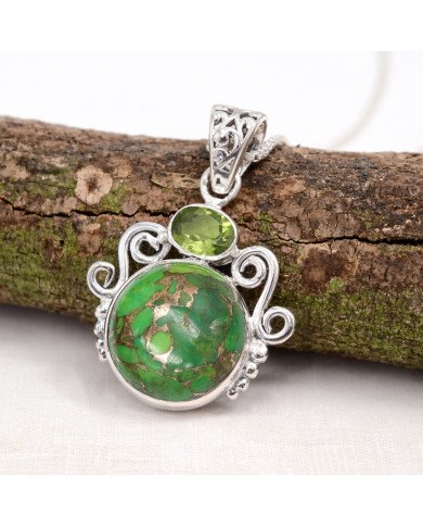 Natural Green Copper Turquoise Peridot Gemstone Sterling Silver Pendant | Jewels Artisan