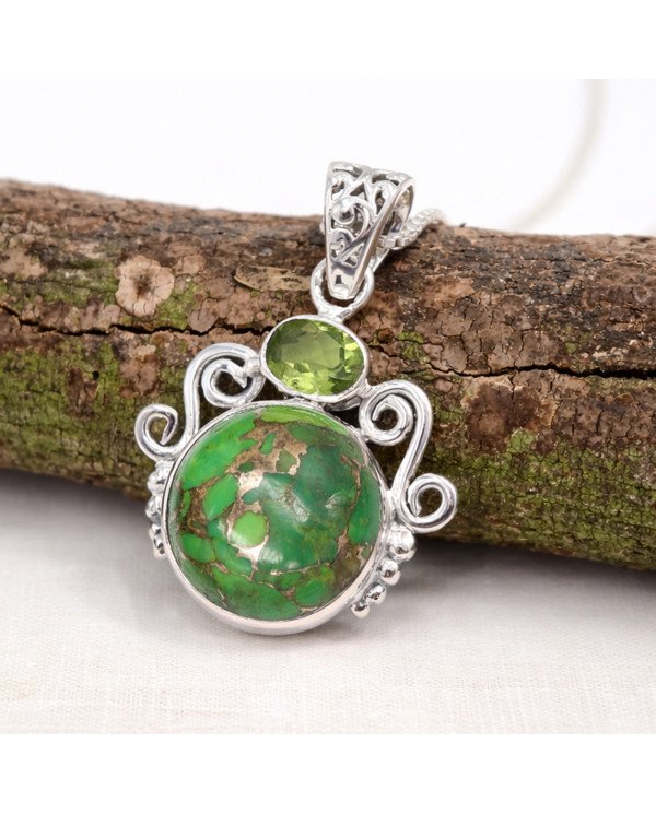 Natural Green Copper Turquoise Peridot Gemstone Sterling Silver Pendant | Jewels Artisan
