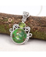 Natural Green Copper Turquoise Peridot Gemstone Sterling Silver Pendant | Jewels Artisan