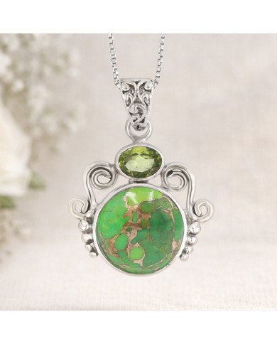 Natural Green Copper Turquoise Peridot Gemstone Sterling Silver Pendant | Jewels Artisan