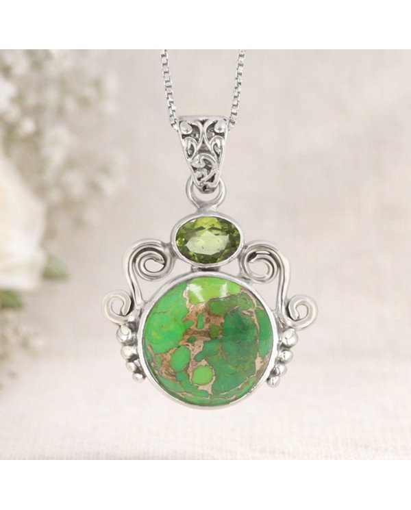 Natural Green Copper Turquoise Peridot Gemstone Sterling Silver Pendant | Jewels Artisan