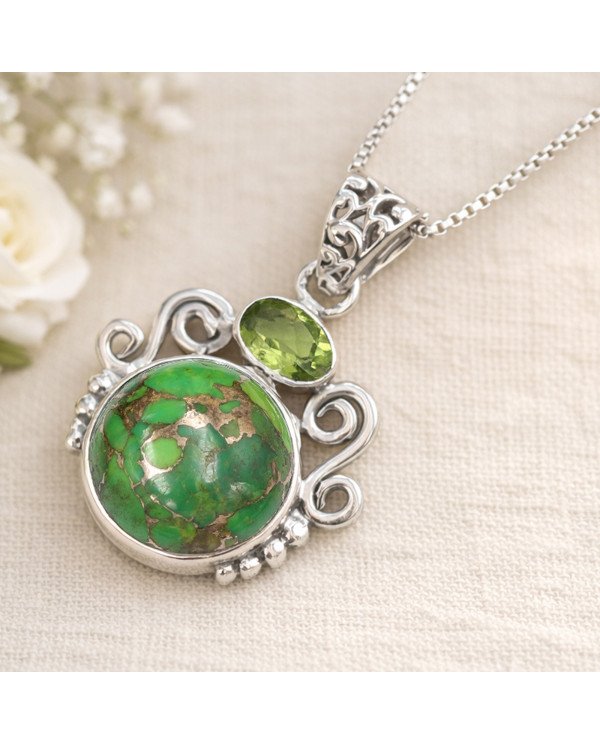 Natural Green Copper Turquoise Peridot Gemstone Sterling Silver Pendant | Jewels Artisan