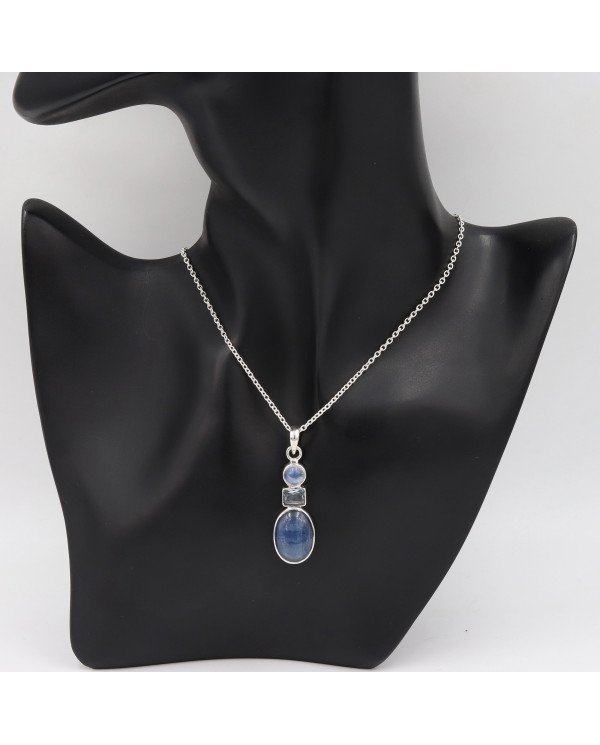 Natural Kyanite Rainbow Moonstone And Sky Blue Topaz Gemstone Sterling Silver Statement Pendant | Jewels Artisan
