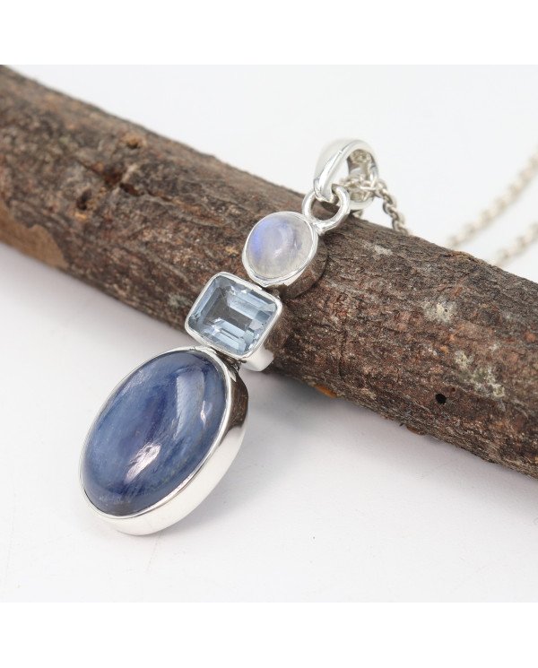 Natural Kyanite Rainbow Moonstone And Sky Blue Topaz Gemstone Sterling Silver Statement Pendant | Jewels Artisan
