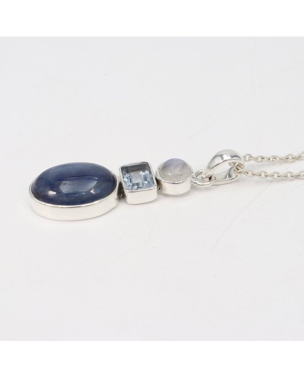 Natural Kyanite Rainbow Moonstone And Sky Blue Topaz Gemstone Sterling Silver Statement Pendant | Jewels Artisan