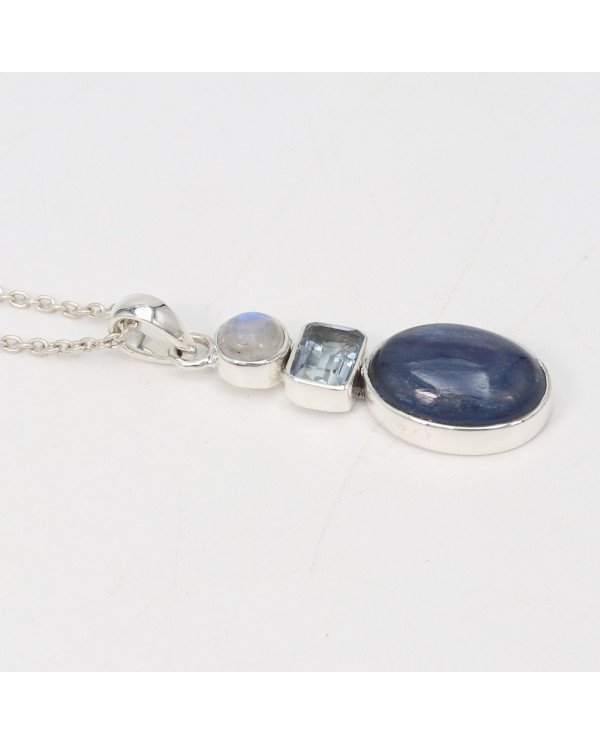 Natural Kyanite Rainbow Moonstone And Sky Blue Topaz Gemstone Sterling Silver Statement Pendant | Jewels Artisan