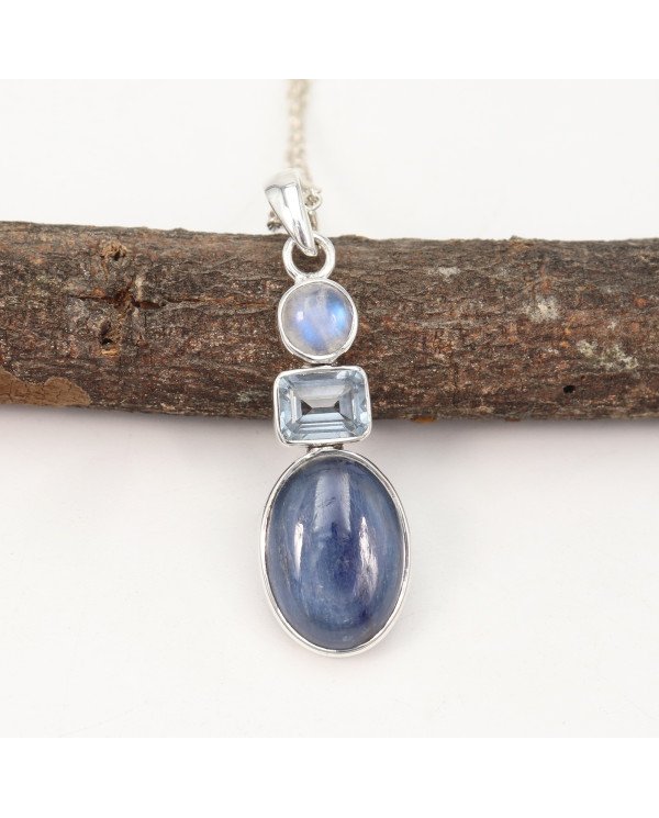 Natural Kyanite Rainbow Moonstone And Sky Blue Topaz Gemstone Sterling Silver Statement Pendant | Jewels Artisan