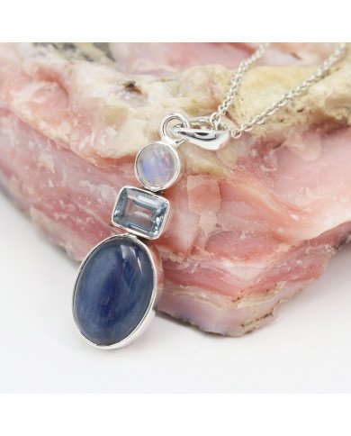 Natural Kyanite Rainbow Moonstone And Sky Blue Topaz Gemstone Sterling Silver Statement Pendant | Jewels Artisan