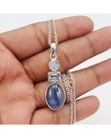 Natural Kyanite Rainbow Moonstone And Sky Blue Topaz Gemstone Sterling Silver Statement Pendant | Jewels Artisan