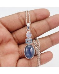 Natural Kyanite Rainbow Moonstone And Sky Blue Topaz Gemstone Sterling Silver Statement Pendant | Jewels Artisan