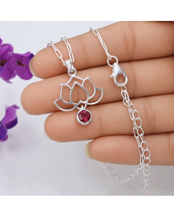 Ruby Lotus Flower Pendant | 925 Sterling Silver Handmade Jewelry