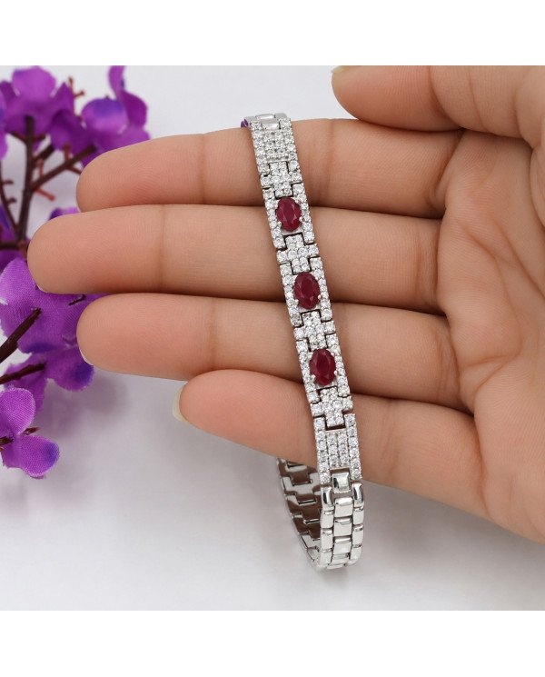 925 Sterling Silver Ruby & Swarovski Crystal Chain Bracelet | Unisex Jewelry