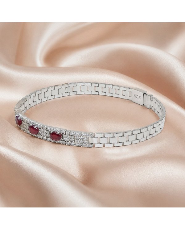 925 Sterling Silver Ruby & Swarovski Crystal Chain Bracelet | Unisex Jewelry