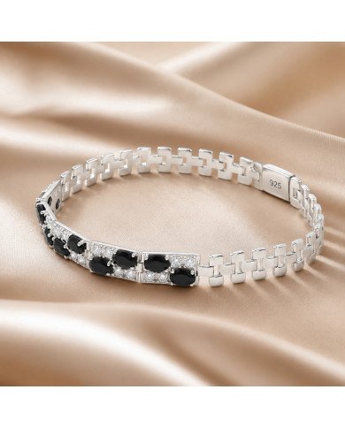 925 Sterling Silver Chain Bracelet with Black Onyx & Swarovski Crystal
