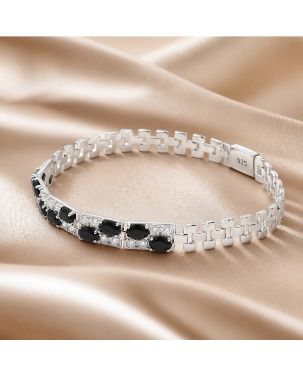 925 Sterling Silver Chain Bracelet with Black Onyx & Swarovski Crystal