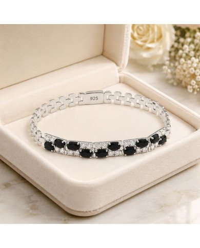 925 Sterling Silver Chain Bracelet with Black Onyx & Swarovski Crystal