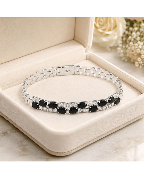 925 Sterling Silver Chain Bracelet with Black Onyx & Swarovski Crystal