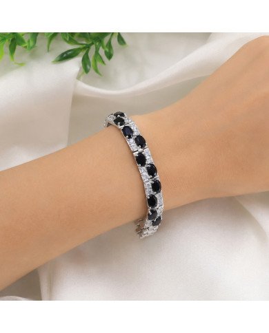 925 Sterling Silver Chain Bracelet with Black Onyx & Swarovski Crystal