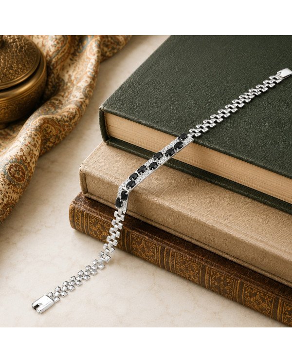 925 Sterling Silver Chain Bracelet with Black Onyx & Swarovski Crystal