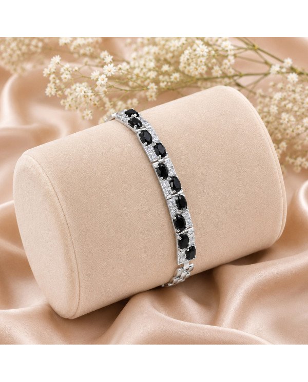 925 Sterling Silver Chain Bracelet with Black Onyx & Swarovski Crystal