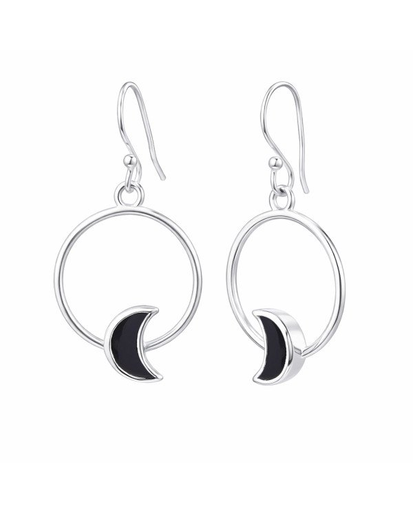 925 Sterling Silver Black Onyx Half Moon Dangle Earrings
