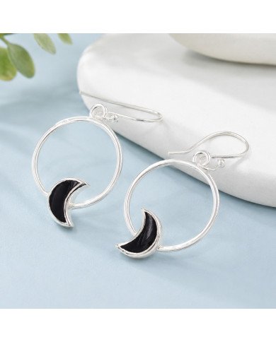 925 Sterling Silver Black Onyx Half Moon Dangle Earrings