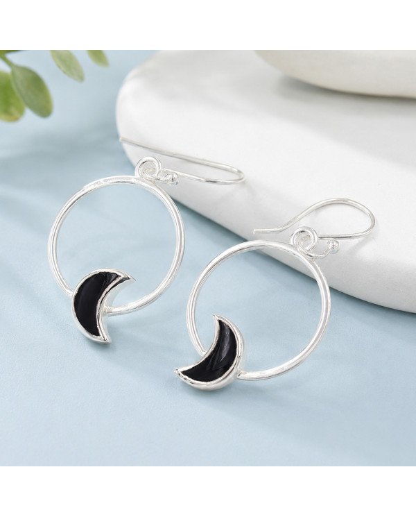 925 Sterling Silver Black Onyx Half Moon Dangle Earrings