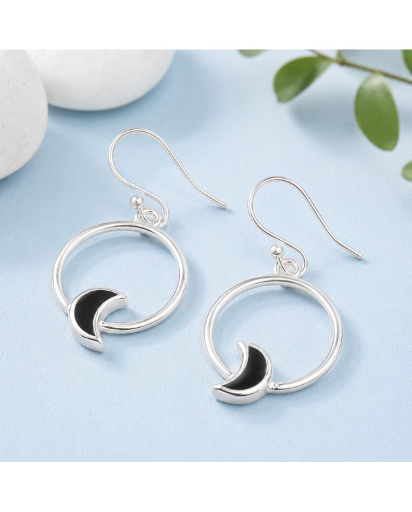 925 Sterling Silver Black Onyx Half Moon Dangle Earrings