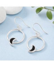 925 Sterling Silver Black Onyx Half Moon Dangle Earrings