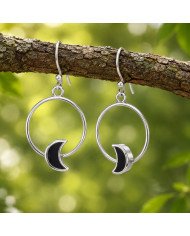 925 Sterling Silver Black Onyx Half Moon Dangle Earrings