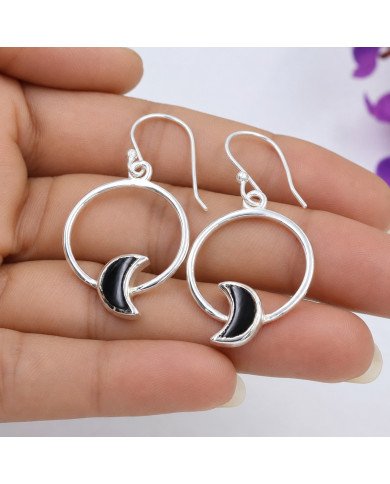 925 Sterling Silver Black Onyx Half Moon Dangle Earrings