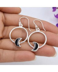 925 Sterling Silver Black Onyx Half Moon Dangle Earrings
