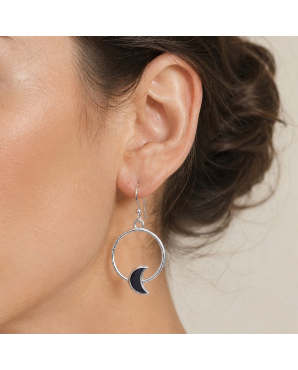 925 Sterling Silver Black Onyx Half Moon Dangle Earrings