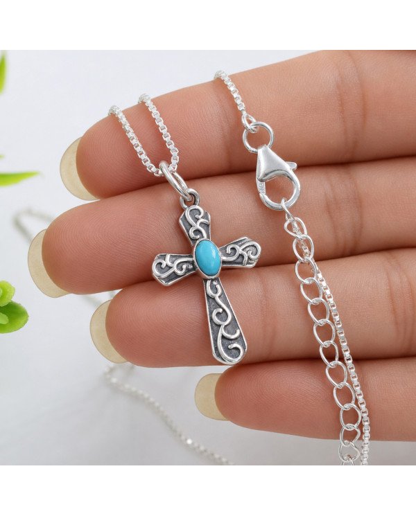 925 Sterling Silver Arizona Turquoise Cross Pendant | Gift for Her & Him