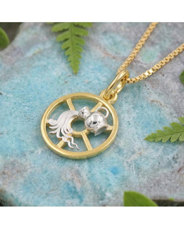 Two Tone Aquarius Zodiac Pendant | 925 Sterling Silver Astrology Gift
