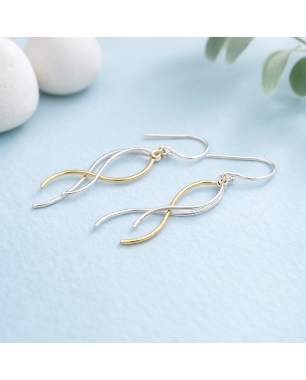 Two-Tone 925 Sterling Silver and Brass Dangle Earrings Dainty Jewelry