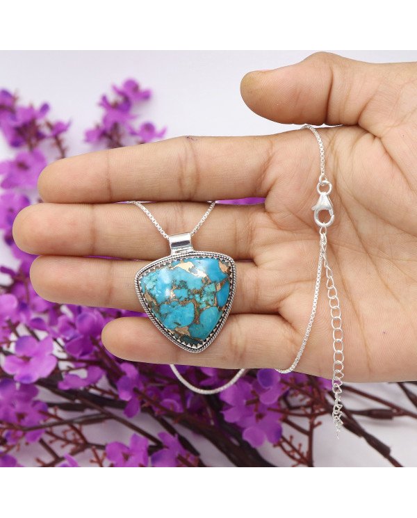 Blue Copper Turquoise Pendant | 925 Sterling Silver Gemstone Jewelry