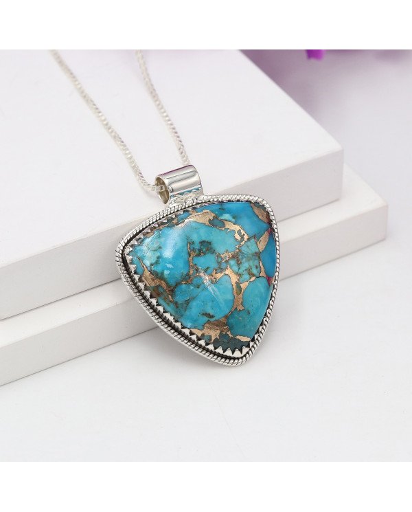 Blue Copper Turquoise Pendant | 925 Sterling Silver Gemstone Jewelry