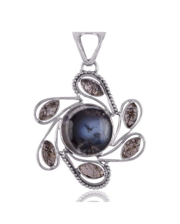 Necklace Silver Pendant Dendritic Opal Black Rutile Tail Spin Silver